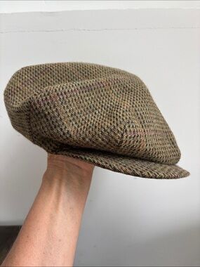 Vintage Polo Ralph Lauren wool tweed cap, olive/brown tweed, 10” diameter